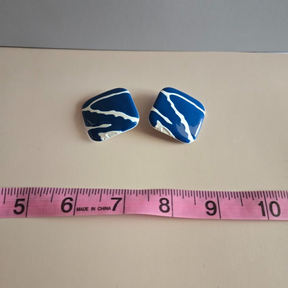 Vintage 1980s Blue White Clip On Earrings‎ Retro Statement